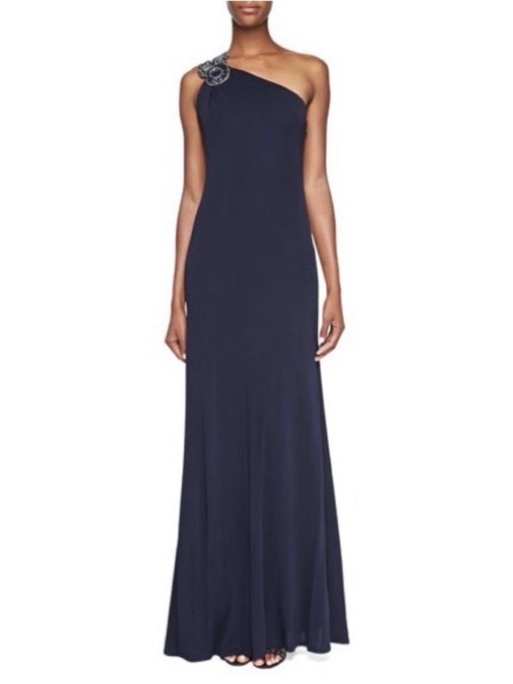 David Meister Navy One-Shoulder Embellished Formal Gown Special Occasion Dress